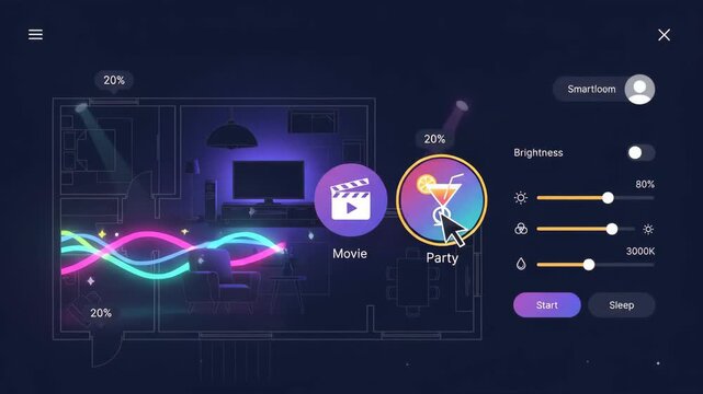 Digital interface for smart home lighting control showing user selecting party scene setting with adjustable brightness and color temperature options over floor plan background
