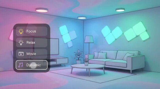 digital lighting control interface displays selection menu over stylized living room interior with warm illuminated floor lamp and sofa in the outlined background