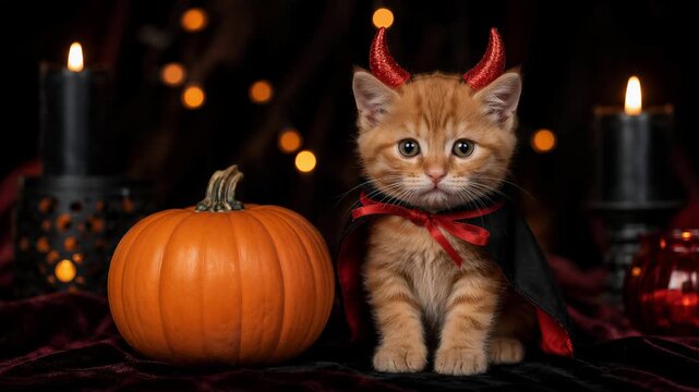 Orange kitten in devil costume explores pumpkin at Halloween party. Cute pet in cape and horns. Halloween celebration, autumn holiday and seasonal decor. Spooky animal costume concept.