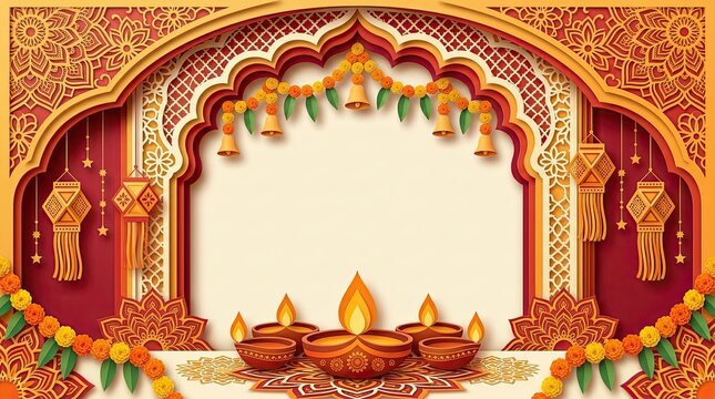 A radiant diwali celebration showcasing ornate archways traditional lamps and the spirit of light over darkness