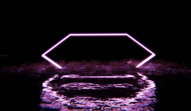 Glowing hexagonal frame, neon light, 3D illustration.