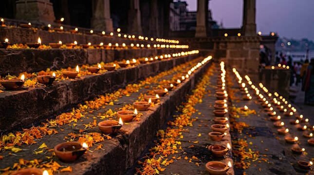 A breathtaking view of countless diyas illuminating a festive scene during the joyous diwali celebration
