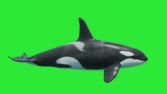 Orca rhythmic vertical strokes of the tail fluke, keeping its high dorsal fin.