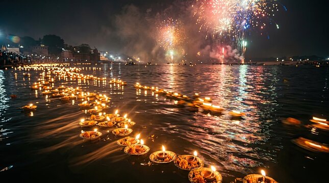 A vibrant diwali night scene showcasing dazzling fireworks illuminating the cityscape and reflecting on water