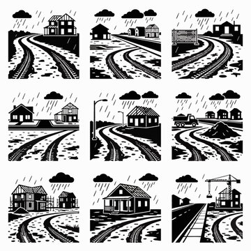 Vector Illustration of Two Parallel Vehicular Tire Tracks with Detailed Rubber Tread Patterns Isolated for Automotive, Off-Road, and Transportation Design Projects