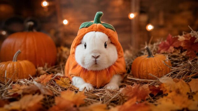 White rabbit wearing pumpkin costume among pumpkins and autumn leaves. Halloween costume party. Cute pet, seasonal celebration and fall harvest concept.