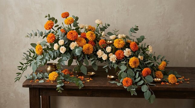 A vibrant and colorful diwali display featuring marigolds flowers and traditional decorations for the festival of lights