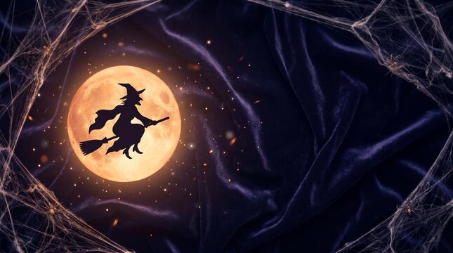 Halloween witch flying on broomstick under full moon with spiderweb
