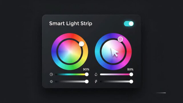 digital interface displaying smart light strip color selection controls being clicked by computer cursor on dark minimalist background screen