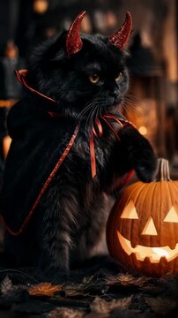 Black cat in devil costume beside carved pumpkin. Halloween costume party. Spooky autumn holiday and seasonal celebration. Pet portrait, festive decoration. Vertical video