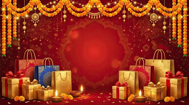 A vibrant and festive diwali celebration with ornate decorations and glowing lights symbolizing hope and prosperity