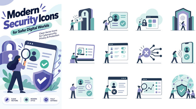 Modern Security Icons Vector Illustration Set for Cybersecurity, Privacy, and Protection
