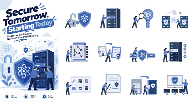 Quantum-Safe Digital Security and Encryption Vector Illustration Set