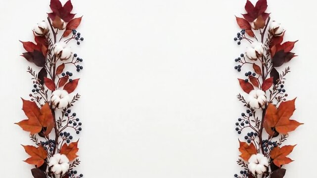 Autumn botanical border with cotton and colorful foliage on white space