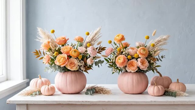 Two autumn floral bouquets in pastel pumpkin vases on a white table