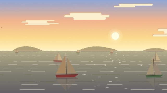 Sailboats bobbing on the sea at dawn, parallax scrolling landscape in gray and orange, seamless loop animation