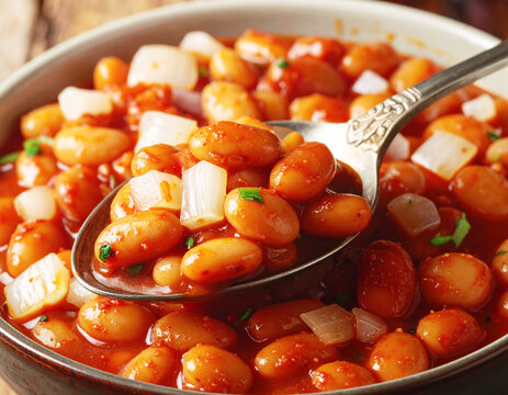 Homemade baked beans with diced onions, closeup. AI
