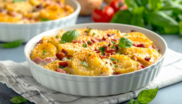 Potato gratin with ham and parmesan cheese and bacon, white casserole dish. AI