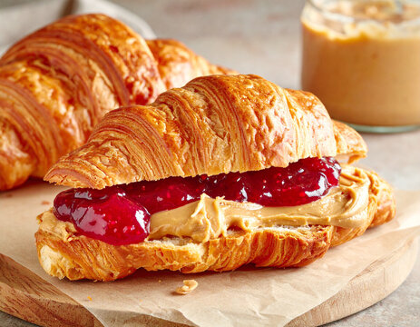 Peanut butter and jelly sandwich on a croissant, closeup. AI