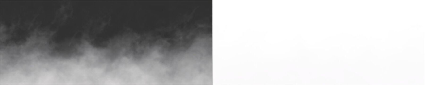Horizontal wispy white smoke and thick fog mist layer isolated on transparent background for cinematic atmosphere and weather effect overlay in creative designs.