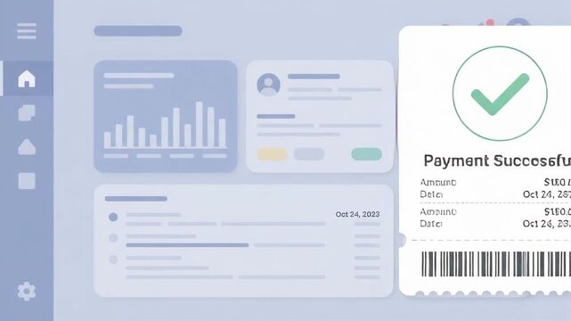 digital payment successful notification window floating over financial user interface dashboard background with charts and data widgets in minimalist software design