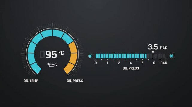Digital vehicle dashboard displays oil temperature and pressure gauge readings on sleek dark minimalist background interface