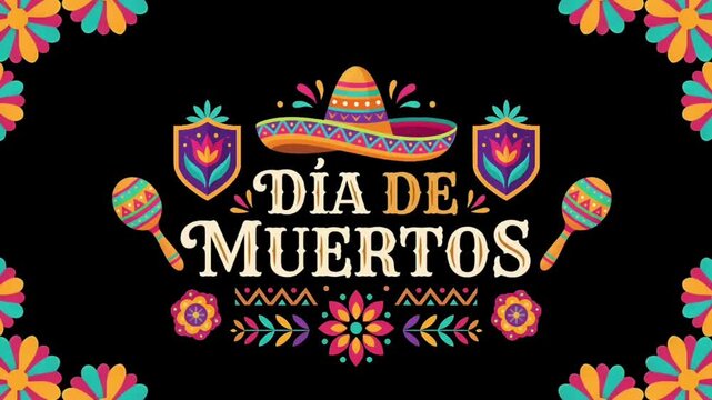 D&iacute;a de Muertos Animated Mexican Folk Art Typography with Colorful Decorative Shields, Maracas and Floral Ornaments on Black Background, Ideal for Festival Promos and Themed Video Openers
