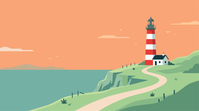 Flat vector illustration of a red and white lighthouse standing on a grassy coastal cliff during sunset