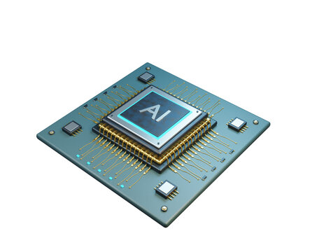 AI Computer Chip Circuit Board with Gold Pins PNG, 3D Render 