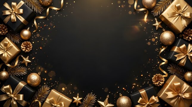 A luxurious christmas border of golden gifts ornaments and sparkling lights perfect for holiday season promotions and celebrations