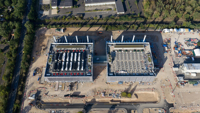 Aerial view of Frankfurt data center campus construction in Hanau Germany