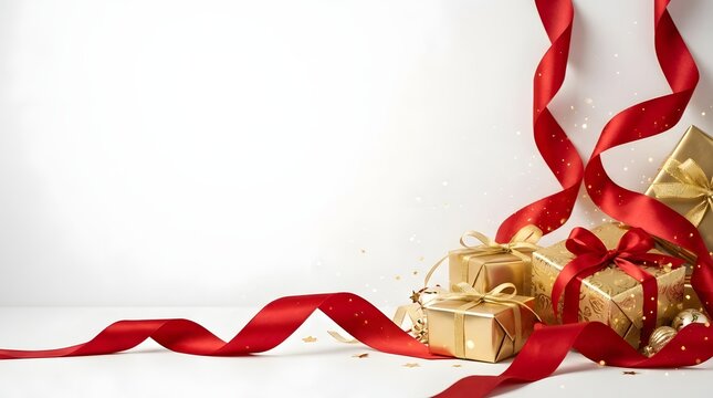 Festive holiday gift giving a beautifully decorated stack of presents with a vibrant red ribbon ready for christmas
