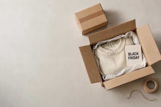 Black Friday Packing Insert Beside Cream Sweater in Open Shipping Box