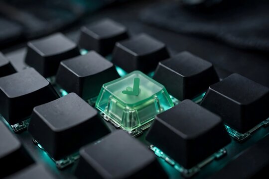 A close up of a mechanical computer keyboard with black keys and one single translucent green keycap featuring a checkmark symbol illuminated with internal light