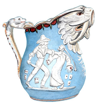 Historic Union Porcelain Works century pitcher from New York, 1876. American parian porcelain pitcher decorated with relief scenes of trapper and walrus spout, Philadelphia Centennial art. Artwork.