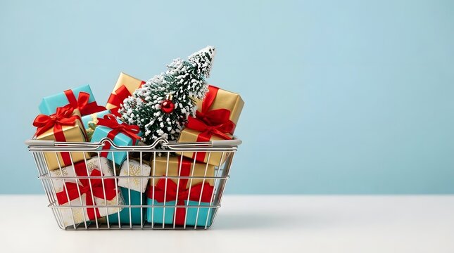 A vibrant and colorful shopping basket overflows with beautifully wrapped christmas gifts ready to bring joy and cheer this holiday season