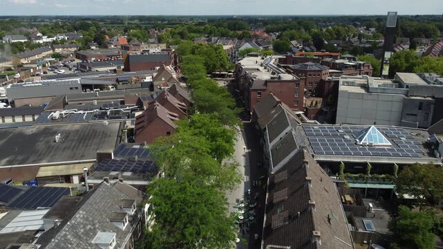 Panningen, the Netherlands - July 24th 2026: Drone flying over the main shopping street (Markt). 