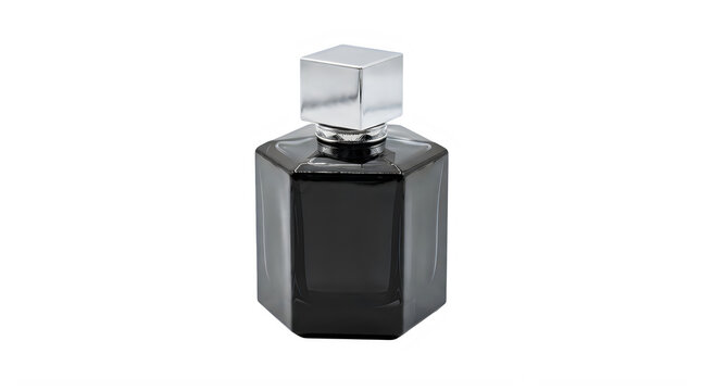 Black glass perfume bottle with a shiny silver square cap for luxury fragrance product presentation