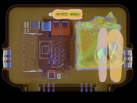 Security Scan of a Bag With Electronic Device and Flip-Flops