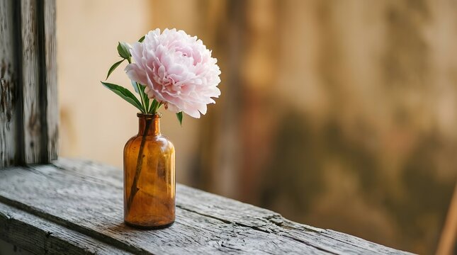 Delicate Pink Peony in Amber Glass Bottle on Weathered Wood Surface