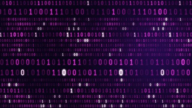 Rows of binary code ones and zeros scrolling in purple and magenta, seamless loop animated background