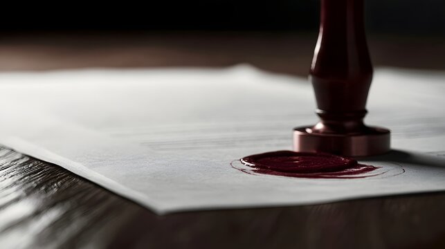 A close up of a document with a red wax seal and a sealing stamp on a wooden surface  emphasizing formality and officiality