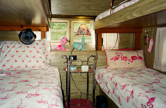 Vintage RV interior nobody bedroom flamingo