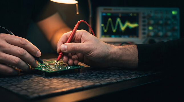 An electronics engineer tests a circuit board using multimeter probes and a digital oscilloscope display. Man working 