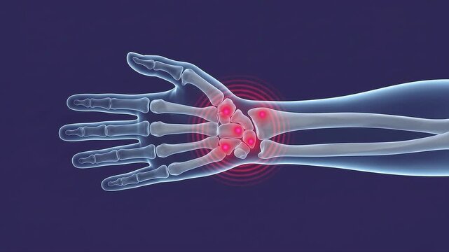 3d medical illustration of a human hand and wrist skeleton with red glowing circles indicating joint pain and inflammation in carpal bones