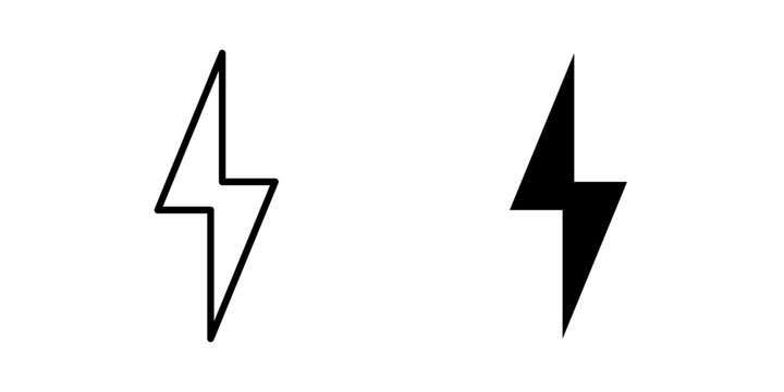 Flash icon in outline and solid style, isolated on white background. Ideal for camera flash, lightning bolt, speed, and quick action related features in mobile and web design.