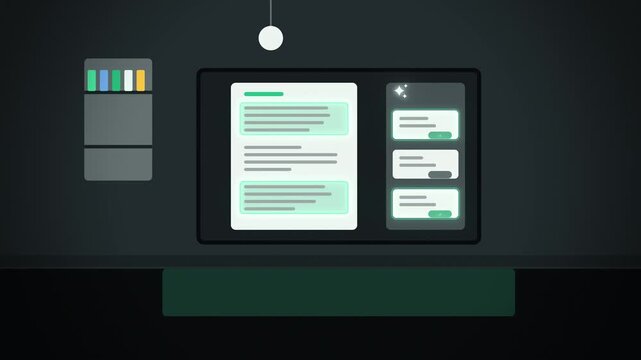AI writing assistant panel in a document office room scene assembling