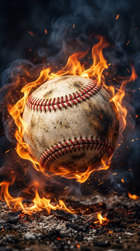 Fiery Baseball Surrounded by Flames and Smoke in a Dramatic Sports Scene, A weathered baseball surrounded by intense orange flames, swirling smoke, and glowing sparks against a dark background
