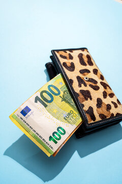 Leopard print wallet holding 100 euro bill