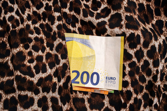 Pile of euro banknotes on leopard print fabric